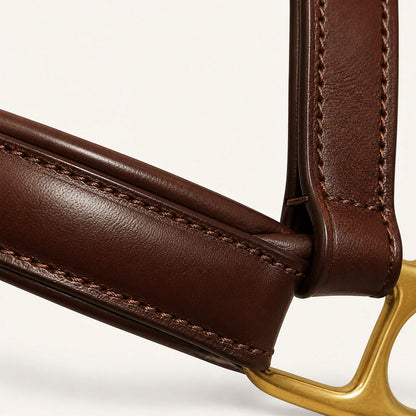 Close-up of padded leather halter noseband and saddle stitching