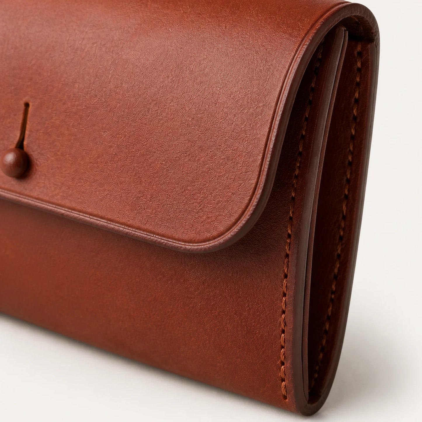 Close-up of pommel bag leather grain flap edge gusset and stitching