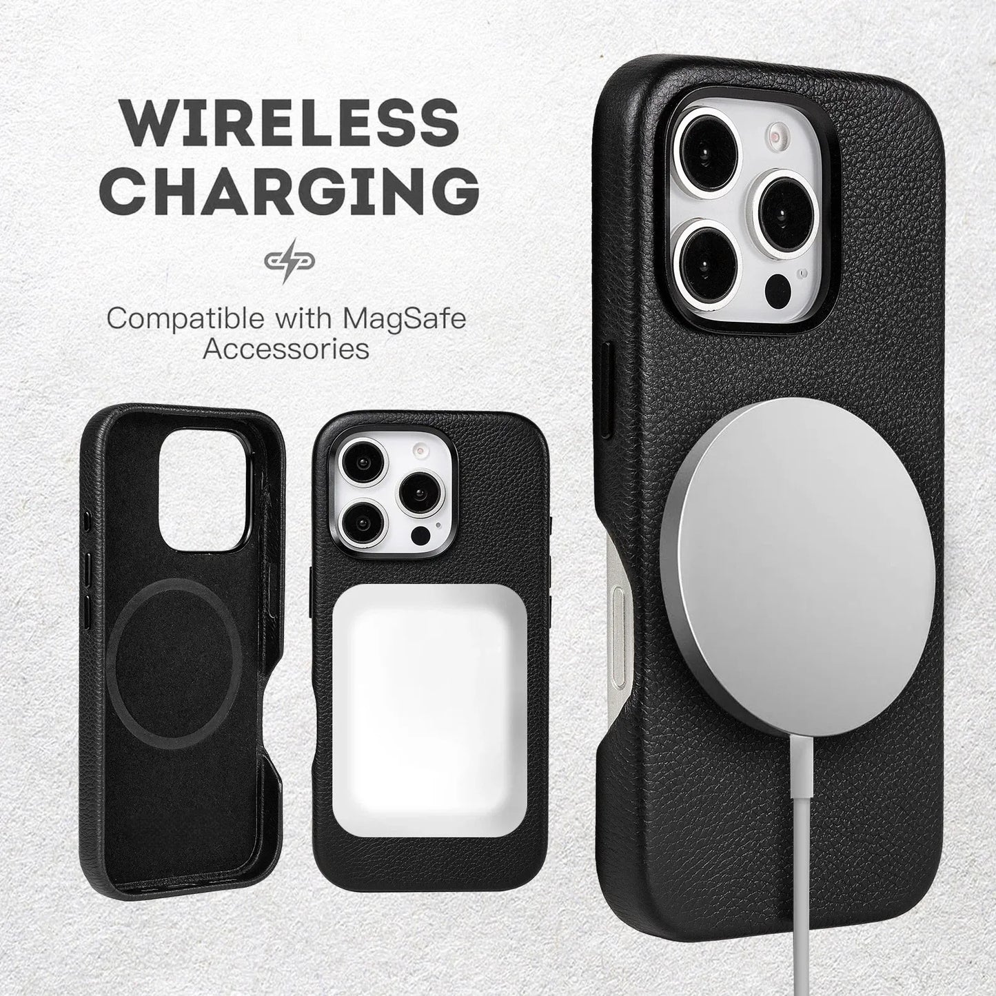 Black Genuine Leather Magnetic Phone Case for iPhone 14 Pro Max (Wholesale/OEM Manufacturer)