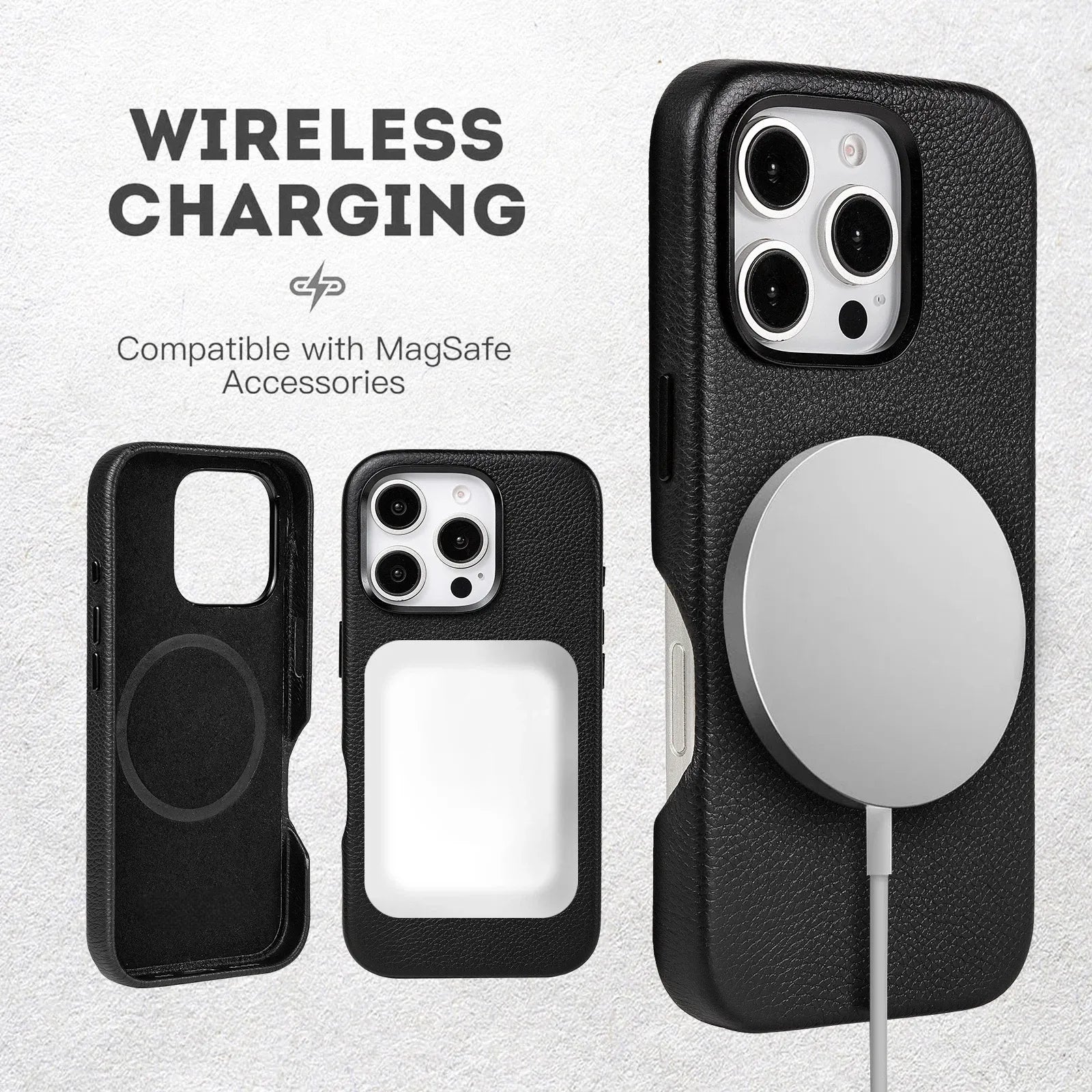 Black Genuine Leather Magnetic Phone Case for iPhone 14 Pro Max (Wholesale/OEM Manufacturer)
