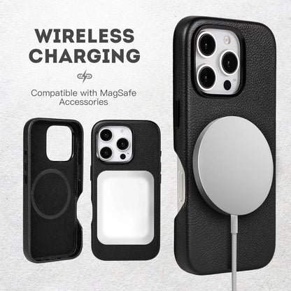 Black Genuine Leather Magnetic Phone Case for iPhone 14 Pro Max (Wholesale/OEM Manufacturer)