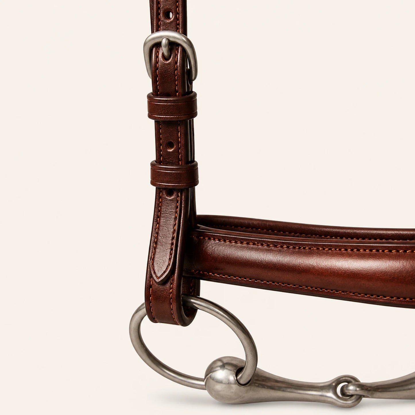 Close-up of bridle buckle keepers cheekpiece and snaffle bit ring