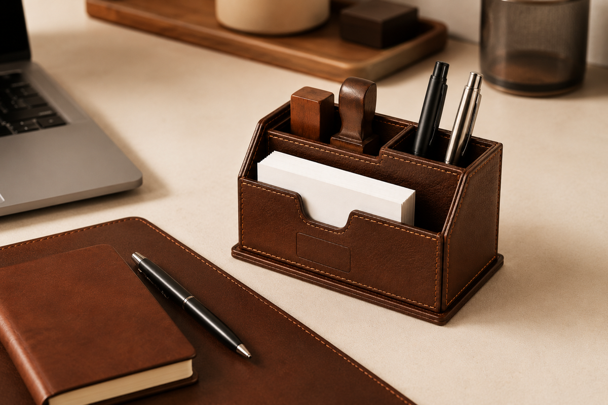 Porta-Carimbos e Organizador de Mesa para Cartões de Visita de Couro — OEM Personalizado