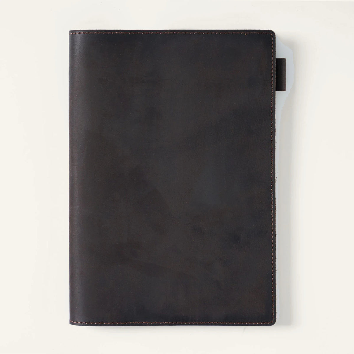 Dark coffee A5 crazy horse leather notebook cover, closed front view