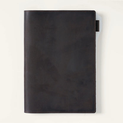 Dark coffee A5 crazy horse leather notebook cover, closed front view