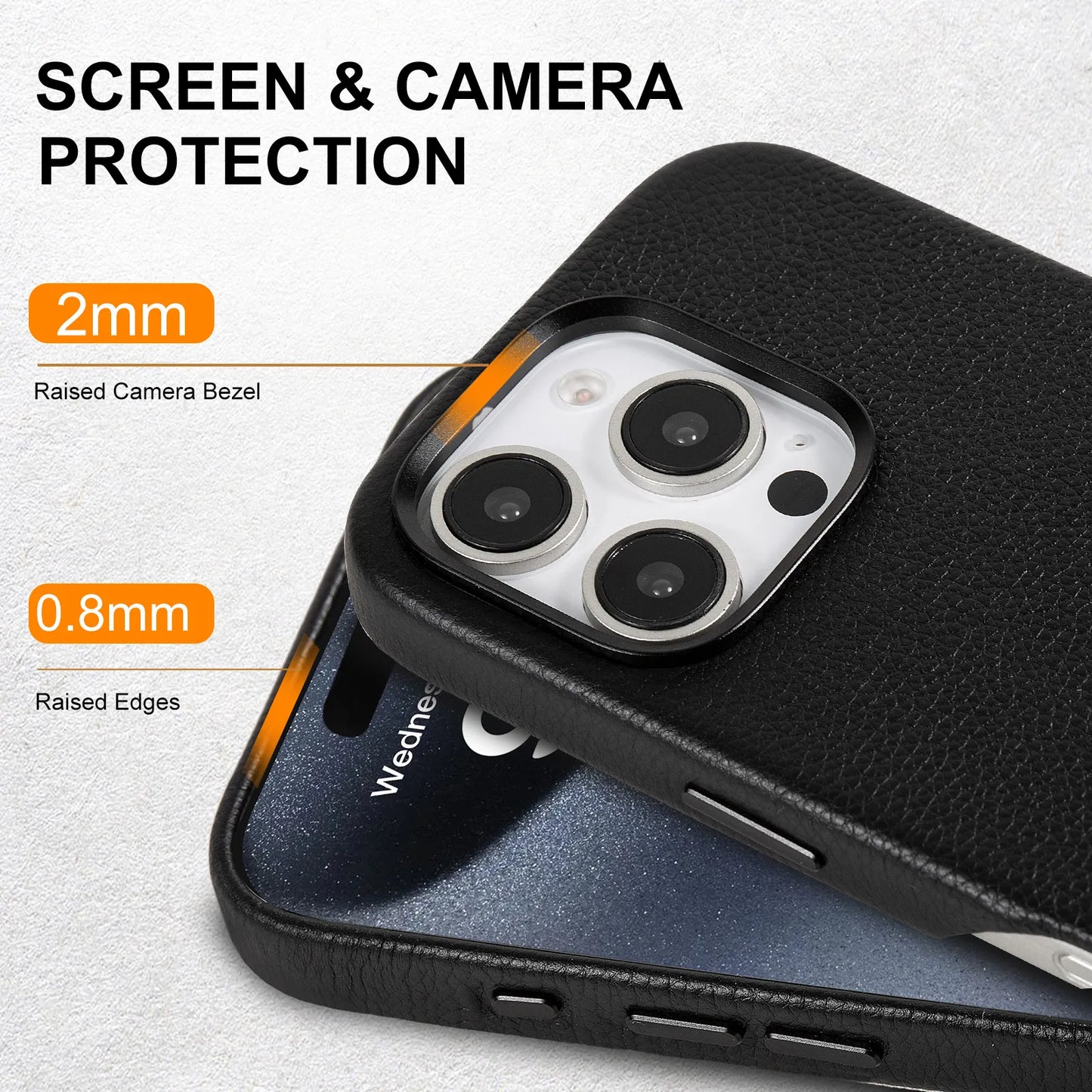 Black Genuine Leather Magnetic Phone Case for iPhone 14 Pro Max (Wholesale/OEM Manufacturer)