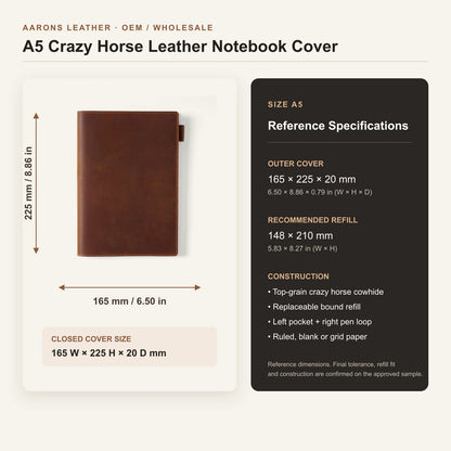 A5 leather notebook cover size guide, 165 by 225 by 20 millimeters