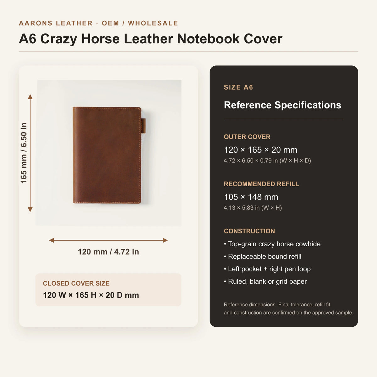 A6 leather notebook cover size guide, 120 by 165 by 20 millimeters