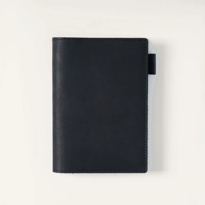 Black A6 top-grain crazy horse leather notebook cover, closed front view