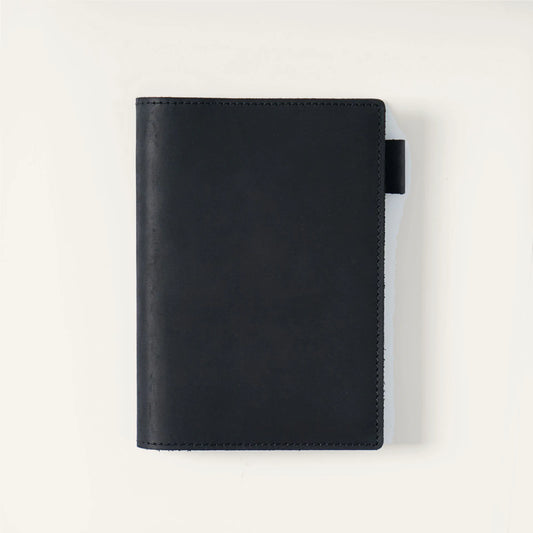 Black A6 top-grain crazy horse leather notebook cover, closed front view