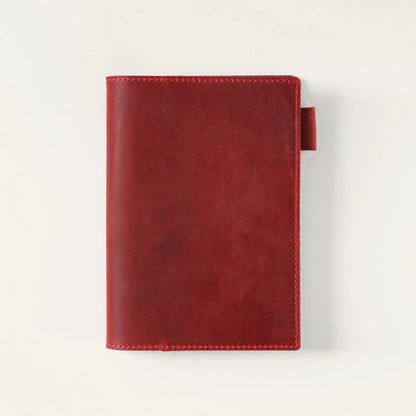 Wine red A6 top-grain crazy horse leather notebook cover, closed front view