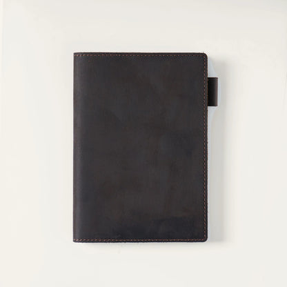 Dark coffee A6 top-grain crazy horse leather notebook cover, closed front view