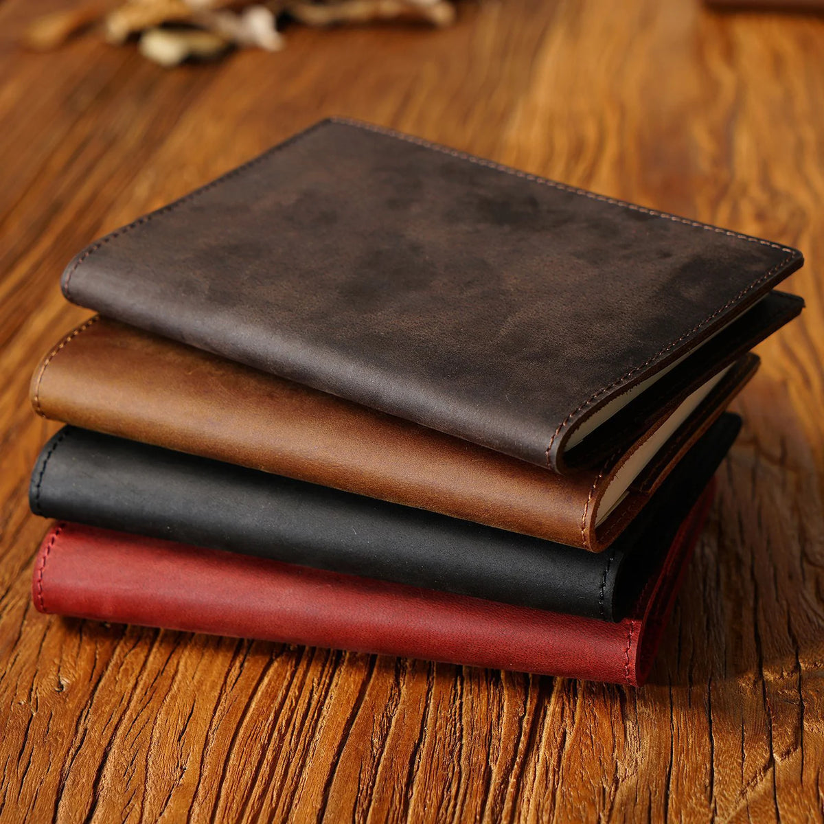 A6 crazy horse leather notebook covers in dark coffee, brown, black and wine red