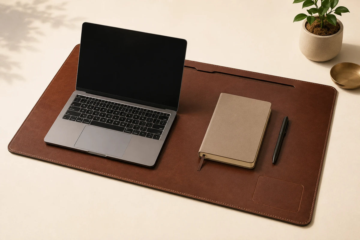 Desk Pad de Couro com Passa-Cabo — OEM Personalizado