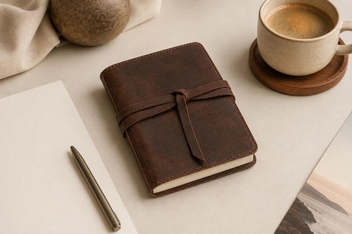 Journal de Viagem de Couro Recarregável com Tira de Amarrar — OEM Personalizado