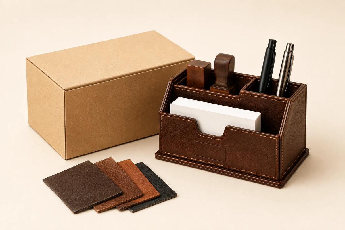 Porta-Carimbos e Organizador de Mesa para Cartões de Visita de Couro — OEM Personalizado