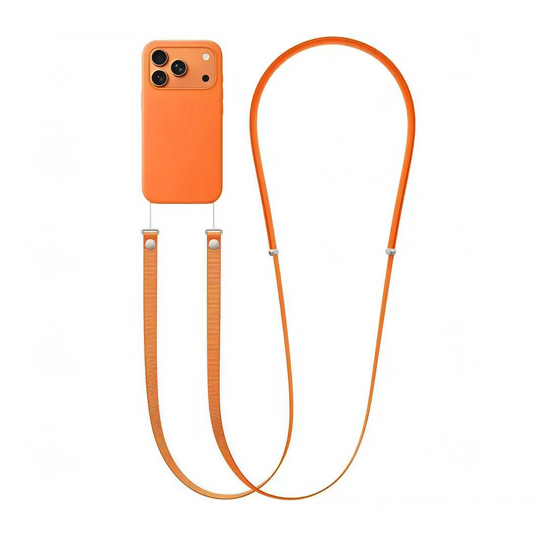 Orange phone lanyard shown with a demonstration phone case; phone and case not included