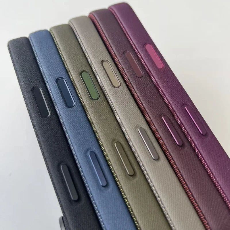 Woven-fabric case side buttons in several color references.