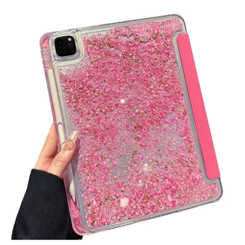 Glitter tablet case with acrylic-specified back panel and pink folding cover; tablet shown as a prop, not included