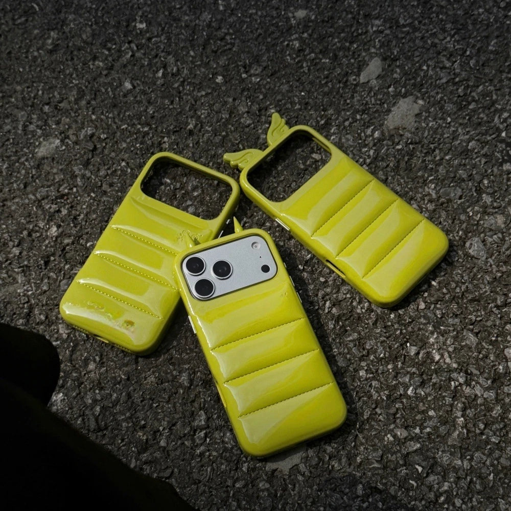 Mustard-green puffer-style phone-case designs with Classic, Wings and Horns top shapes.