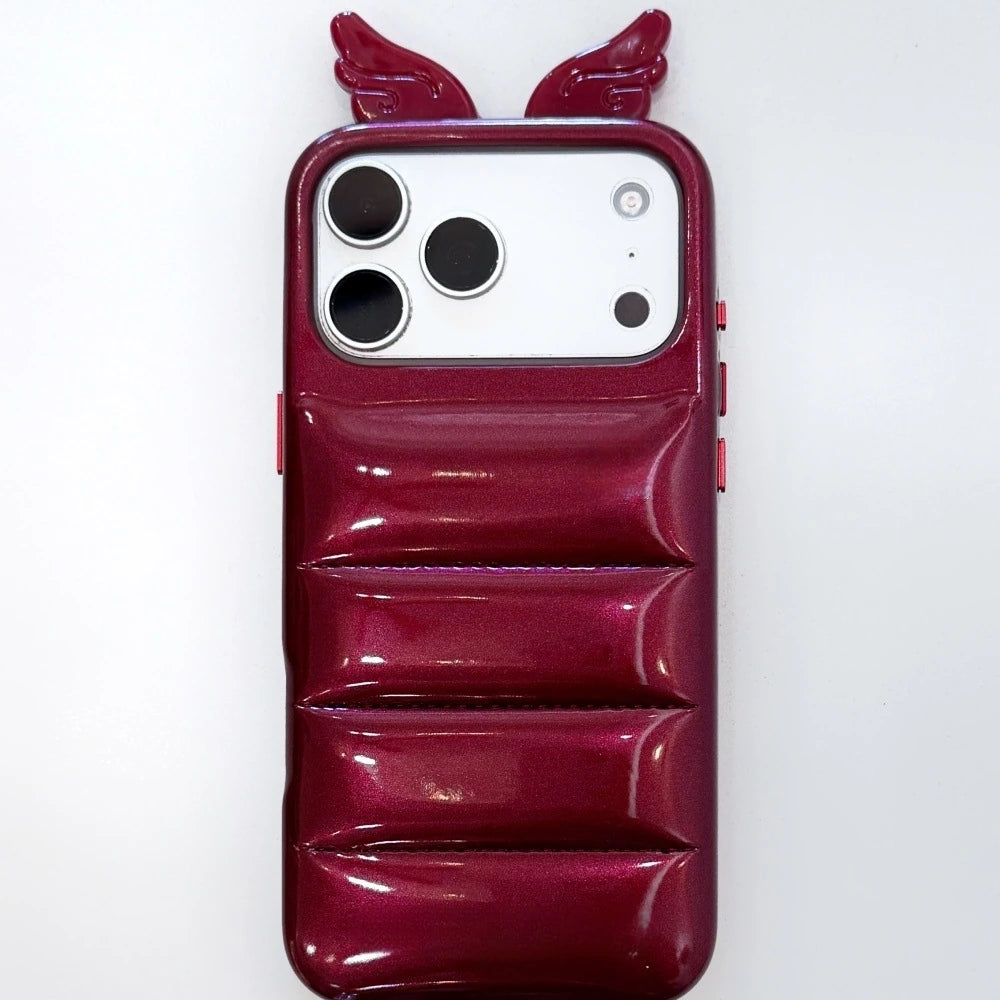 Burgundy Wings puffer-style phone-case reference with original product markings retained.