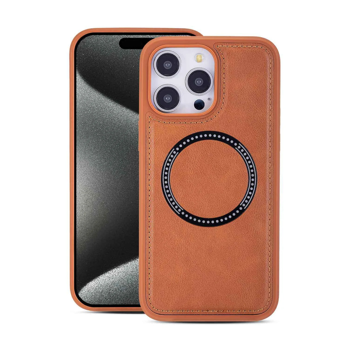 Brown imitation leather ring phone case with stitched perimeter, front and back style reference; phones not included