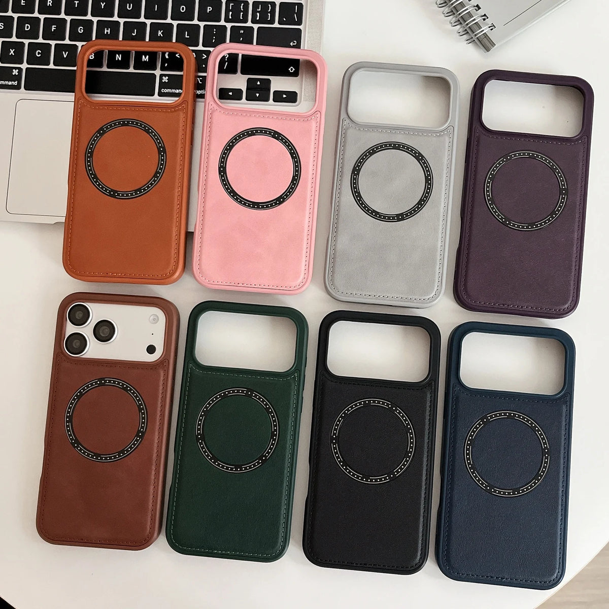 Eight color references for the same stitched circular-ring phone case design; demonstration phone and desk props not included