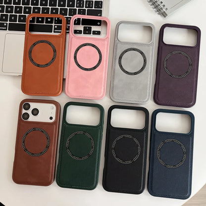 Eight color references for the same stitched circular-ring phone case design; demonstration phone and desk props not included