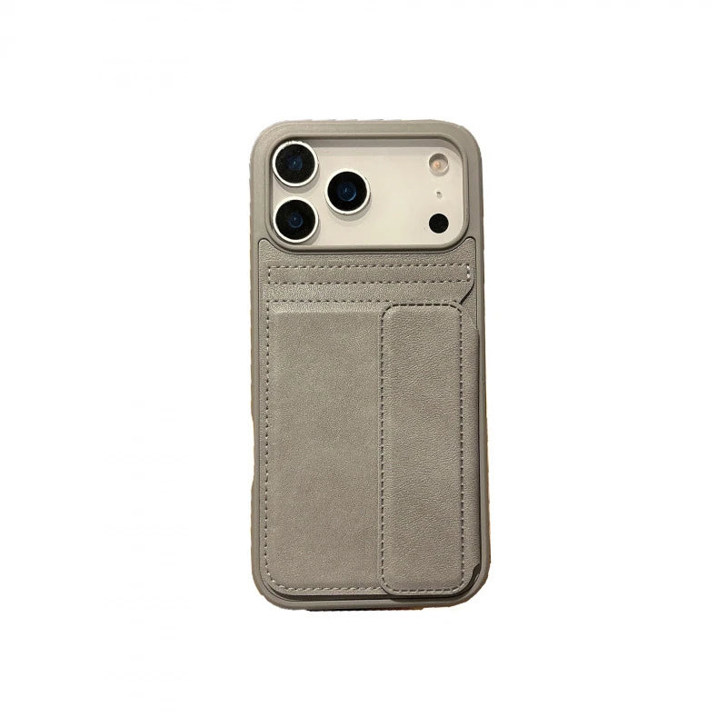 Gray phone case with folding rear card-holder attachment; shared design reference.