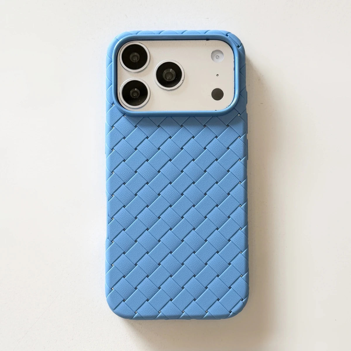 Sky-blue basketweave-texture TPU phone-case design reference.