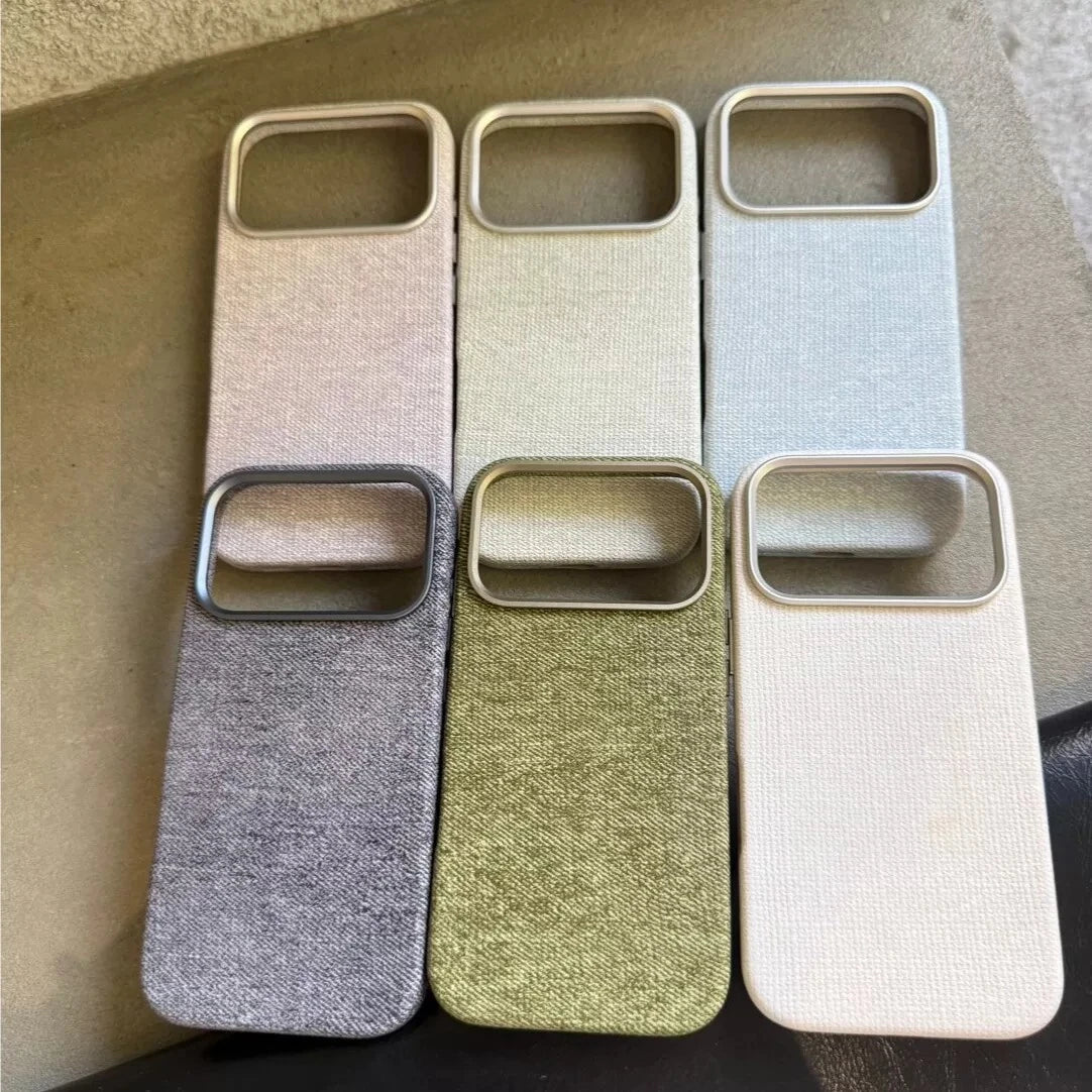 Six woven-texture PU phone-case color references arranged flat.