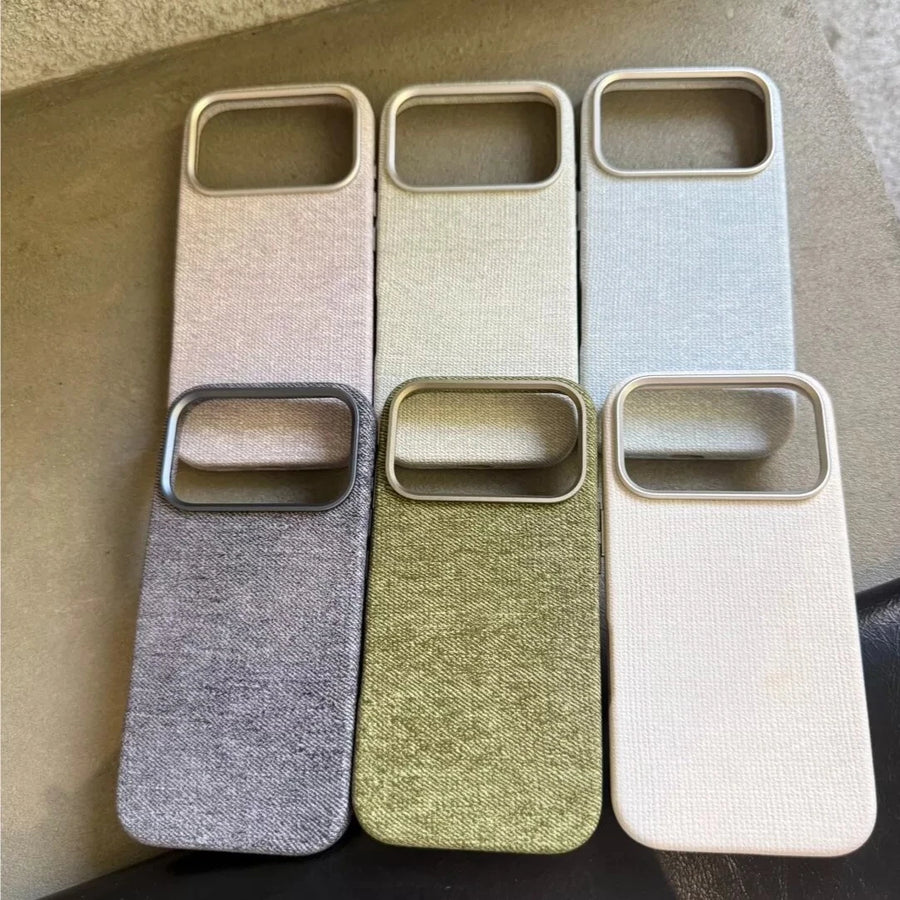 Six woven-texture PU phone-case color references arranged flat.