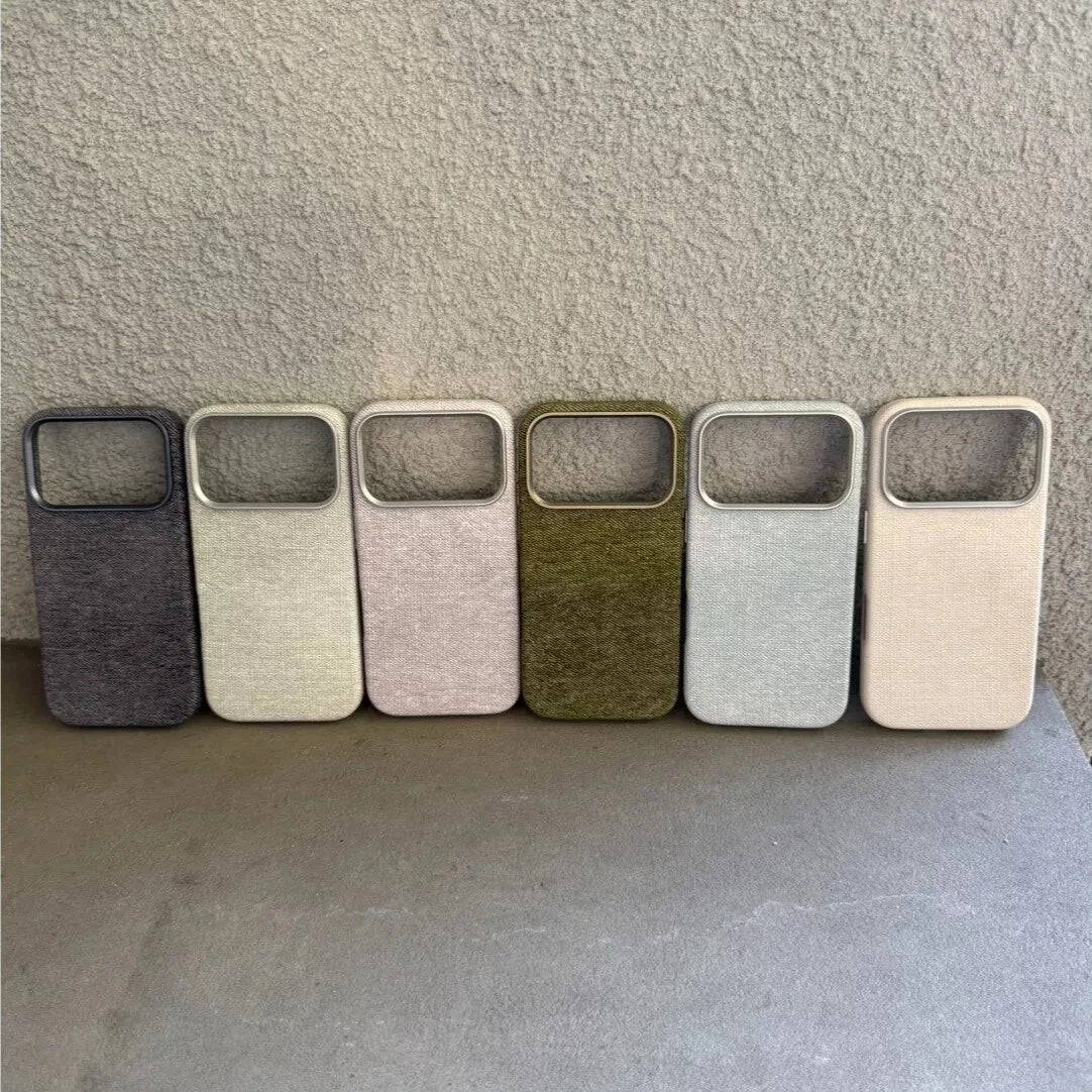 Woven-texture PU phone cases arranged upright in several color references.