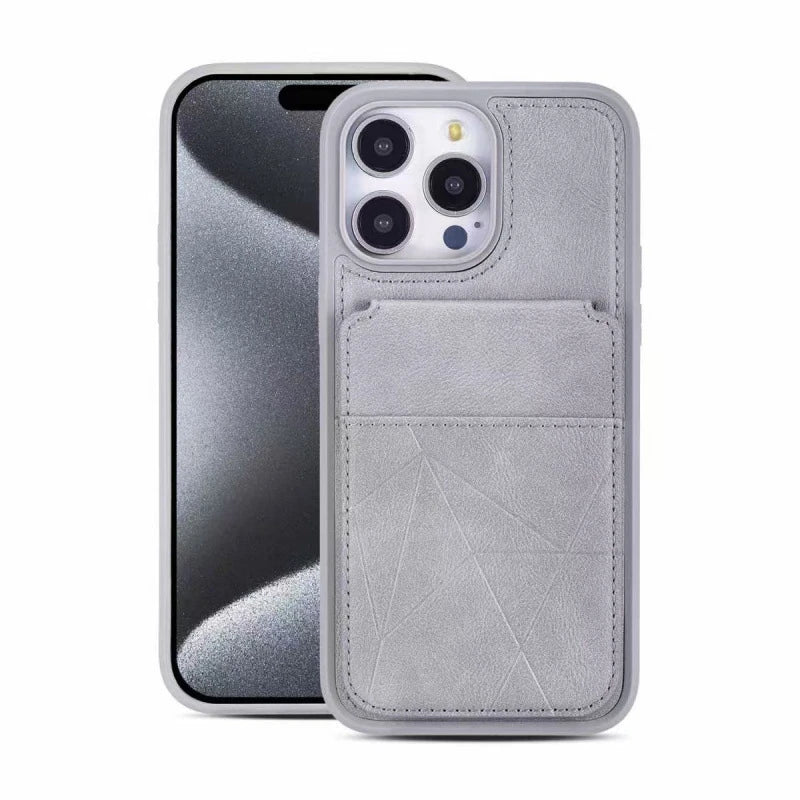 Gray wallet-stand phone-case front and back design reference.