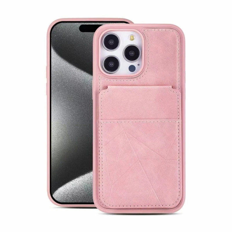 Pink wallet-stand phone-case front and back design reference.
