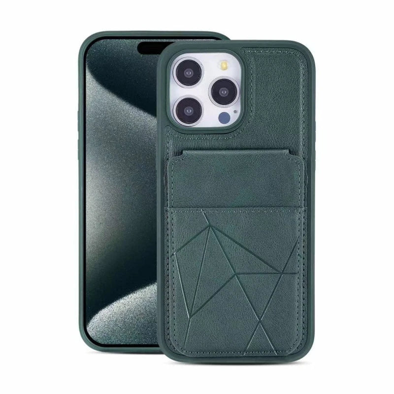 Green wallet-stand phone-case front and back design reference.