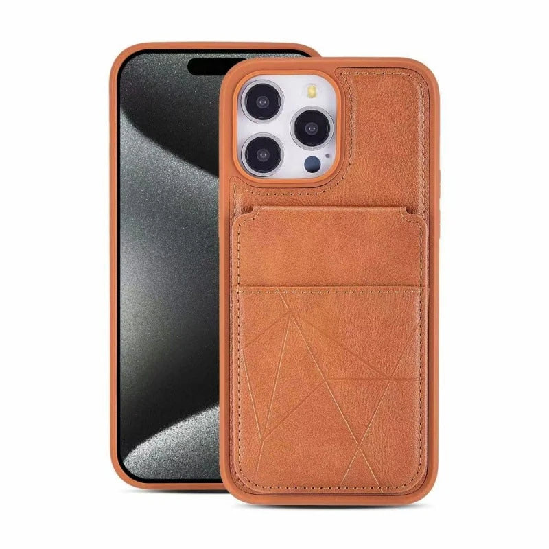 Warm-brown wallet-stand phone-case front and back design reference.