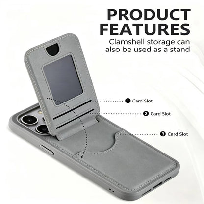 Folding rear wallet structure opened to show card positions and the support fold.
