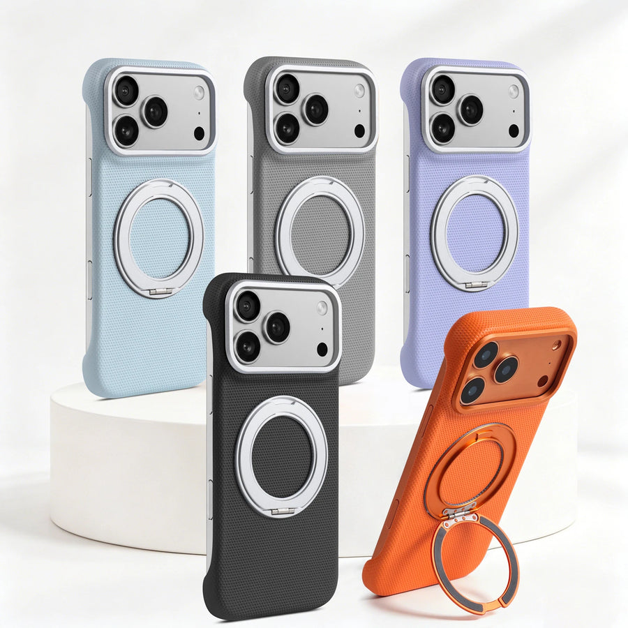 Five color references of the open-side phone-case design with circular ring stand.