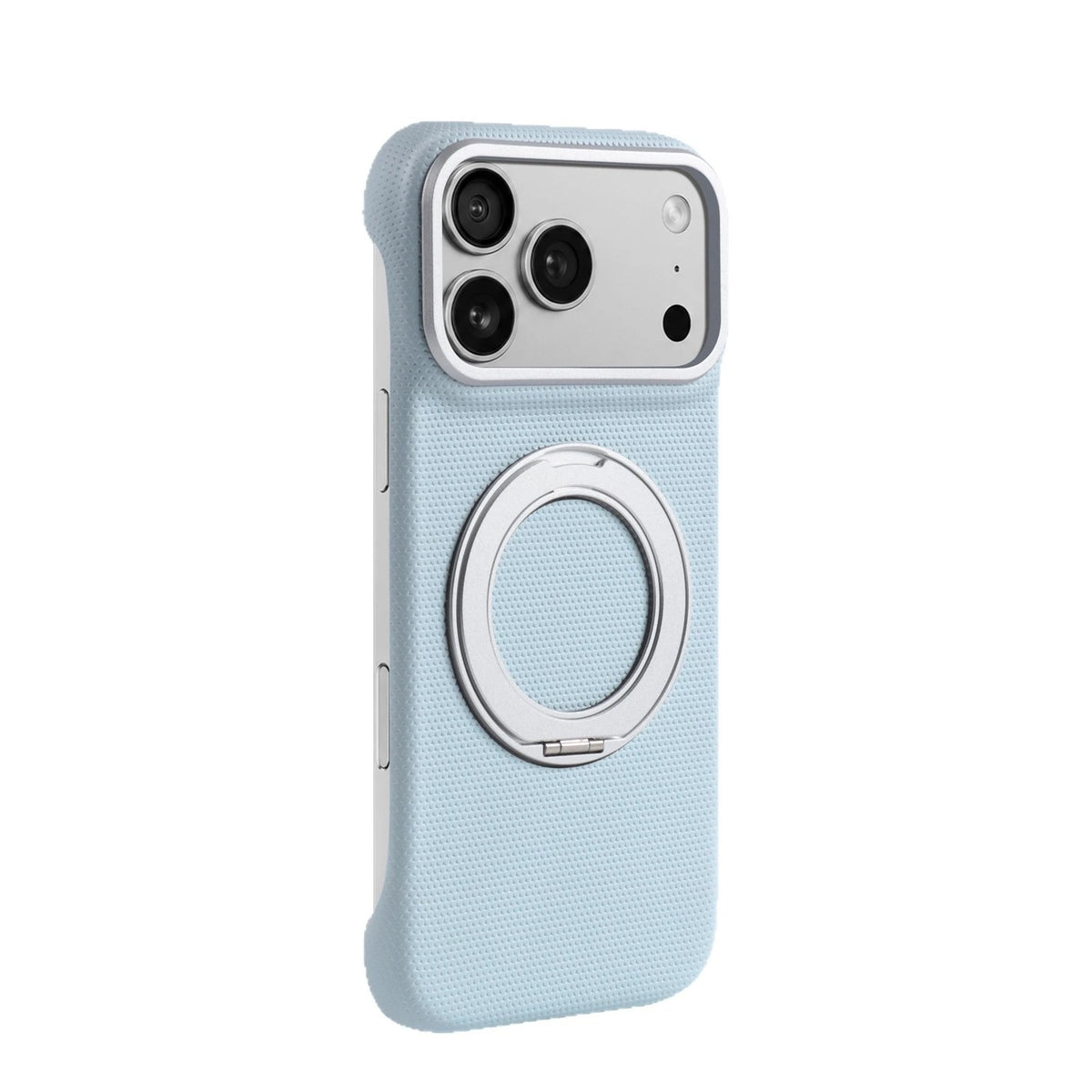 Light-blue phone-case style reference with the rear ring stand closed.