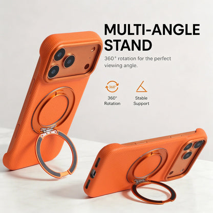 Orange case showing the rear ring opened for portrait and landscape support.