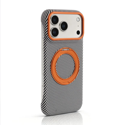 Black-and-white diagonal-pattern phone case with copper-tone rear ring stand.