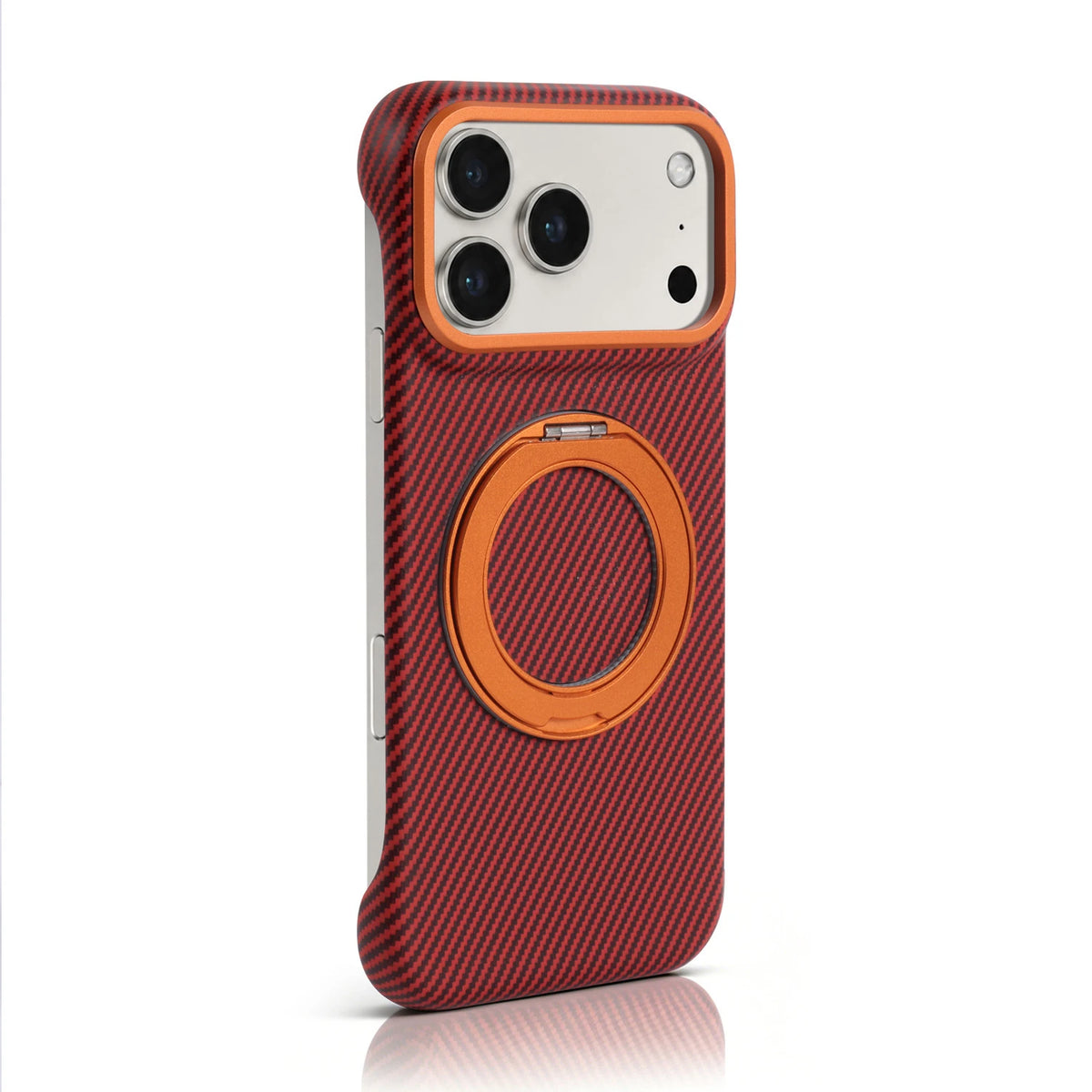 Red diagonal-pattern case with the ring stand closed.