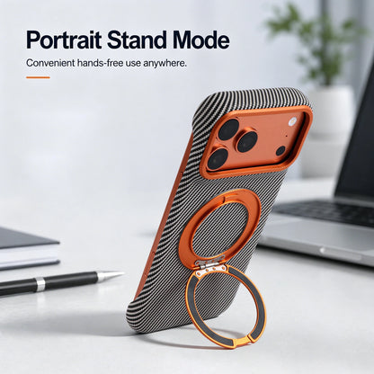 Black-and-white pattern case with the ring opened in a portrait support position.