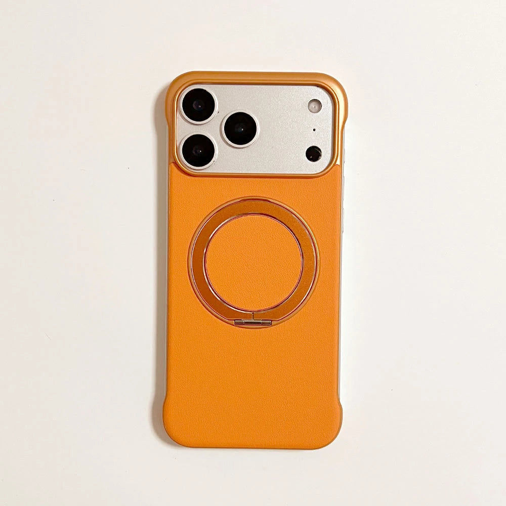 Orange frameless phone-back design with camera surround and circular ring stand.