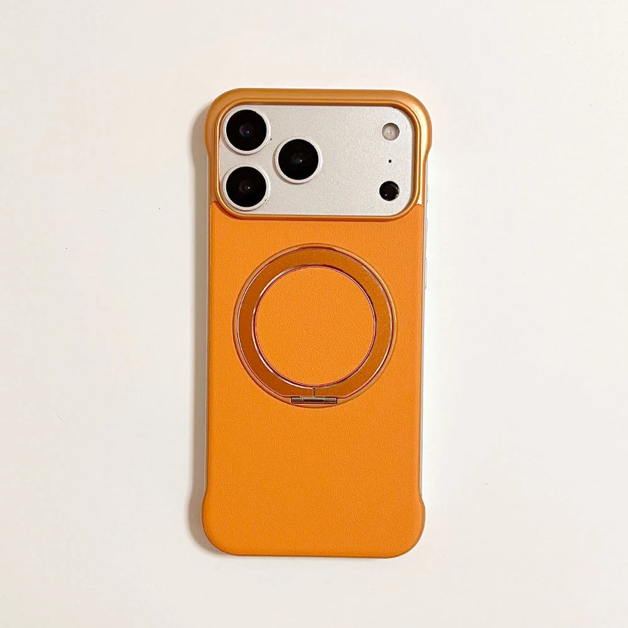 Orange frameless phone-back design with camera surround and circular ring stand.