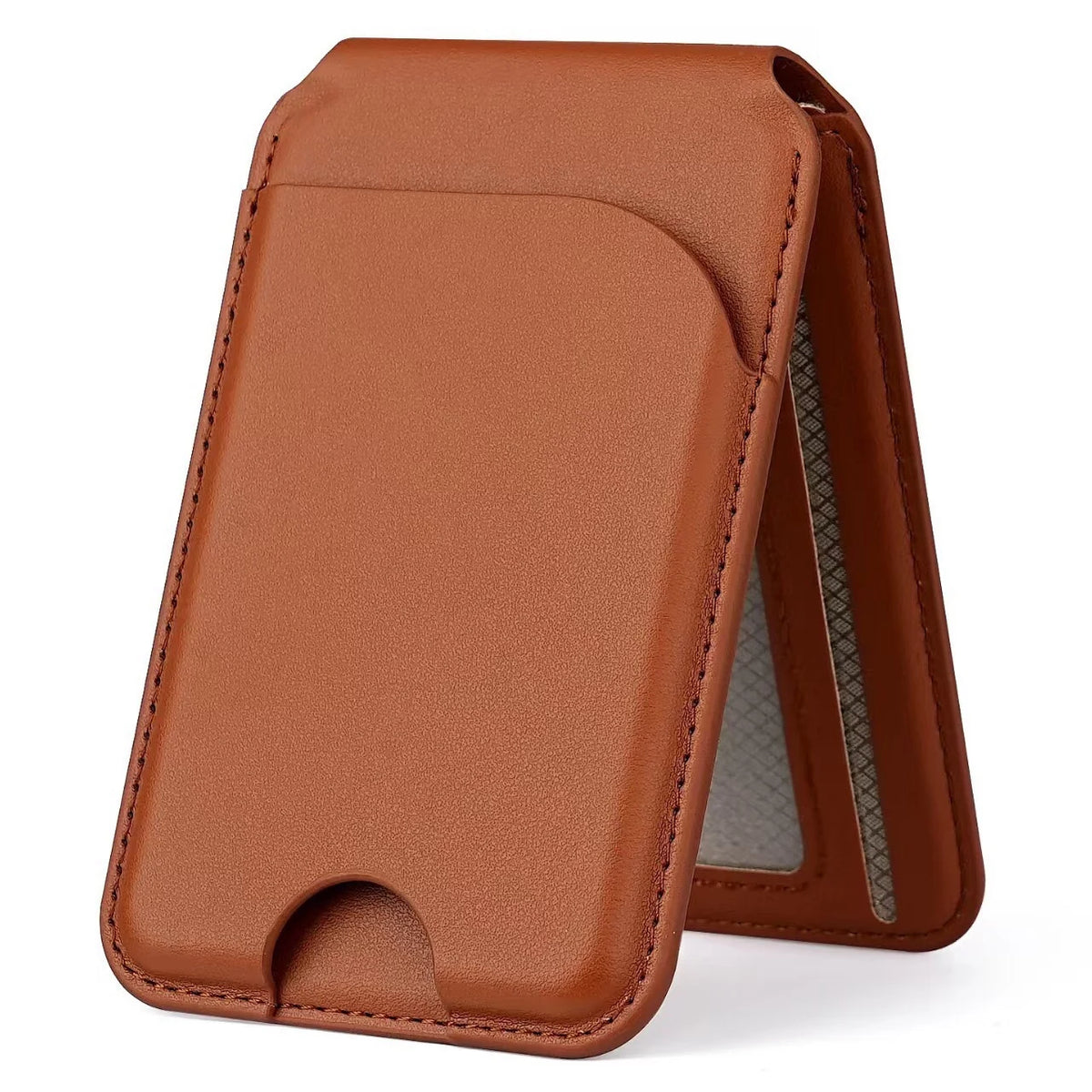 Brown PU card wallet shown in its folded stand form; wallet accessory only