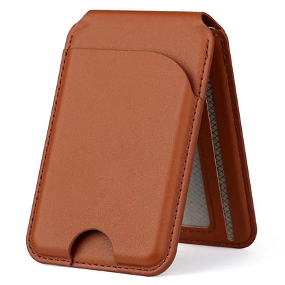 Brown PU card wallet shown in its folded stand form; wallet accessory only