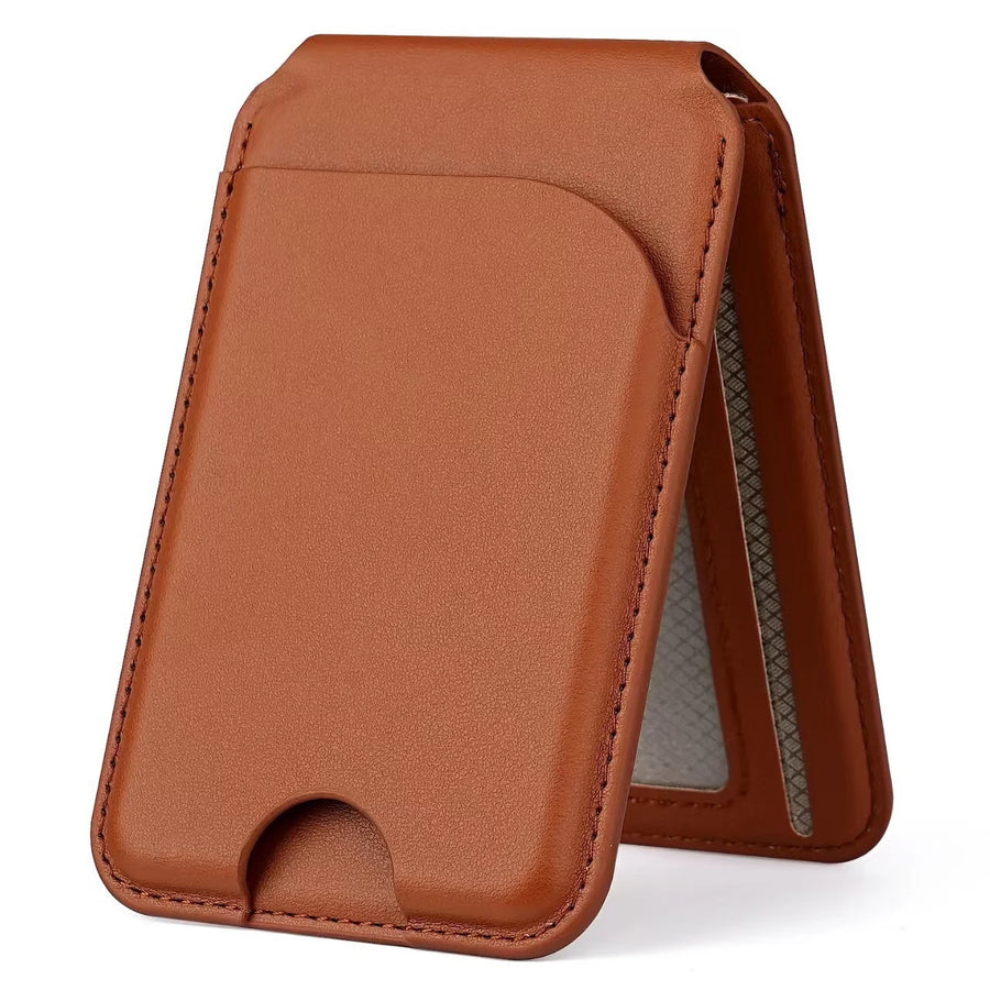 Brown PU card wallet shown in its folded stand form; wallet accessory only
