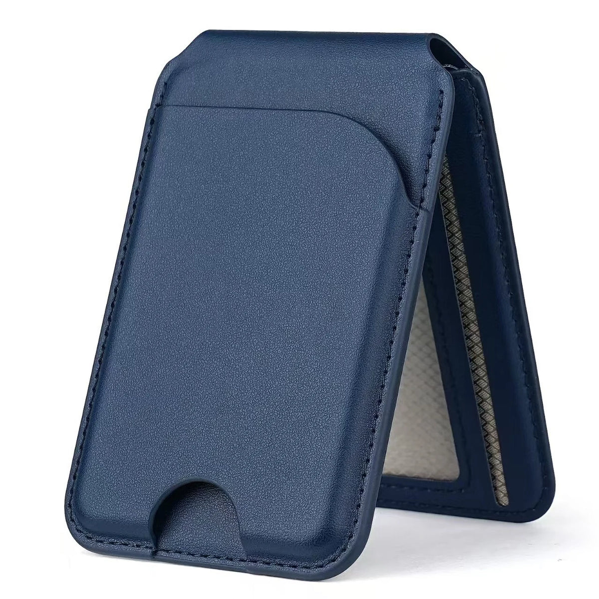Blue PU card wallet shown in its folded stand form; shared style-reference image
